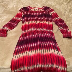 Parker Red and Plum Striped Pleated Long Sleeve Dress